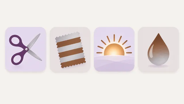 Illustration of four route icons: scissors, a striped swatch, a rising sun and a fading drop