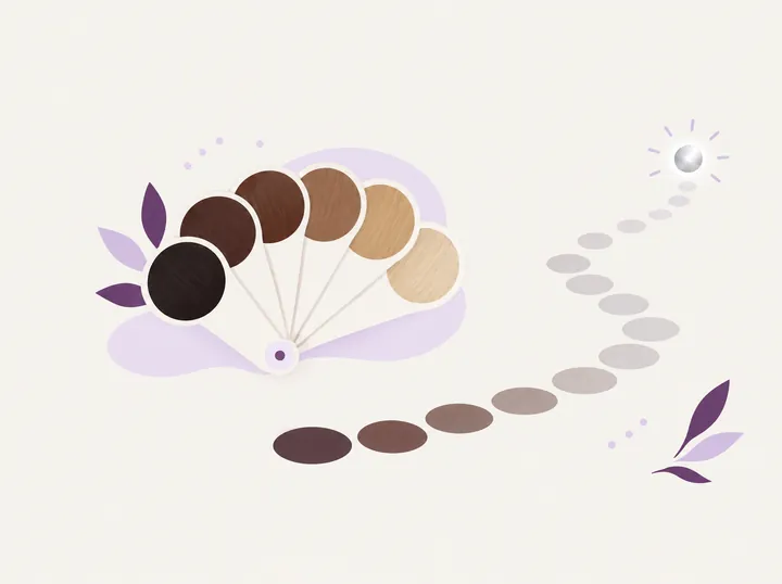 Illustration of hair color swatches beside a dotted path fading from brown to silver